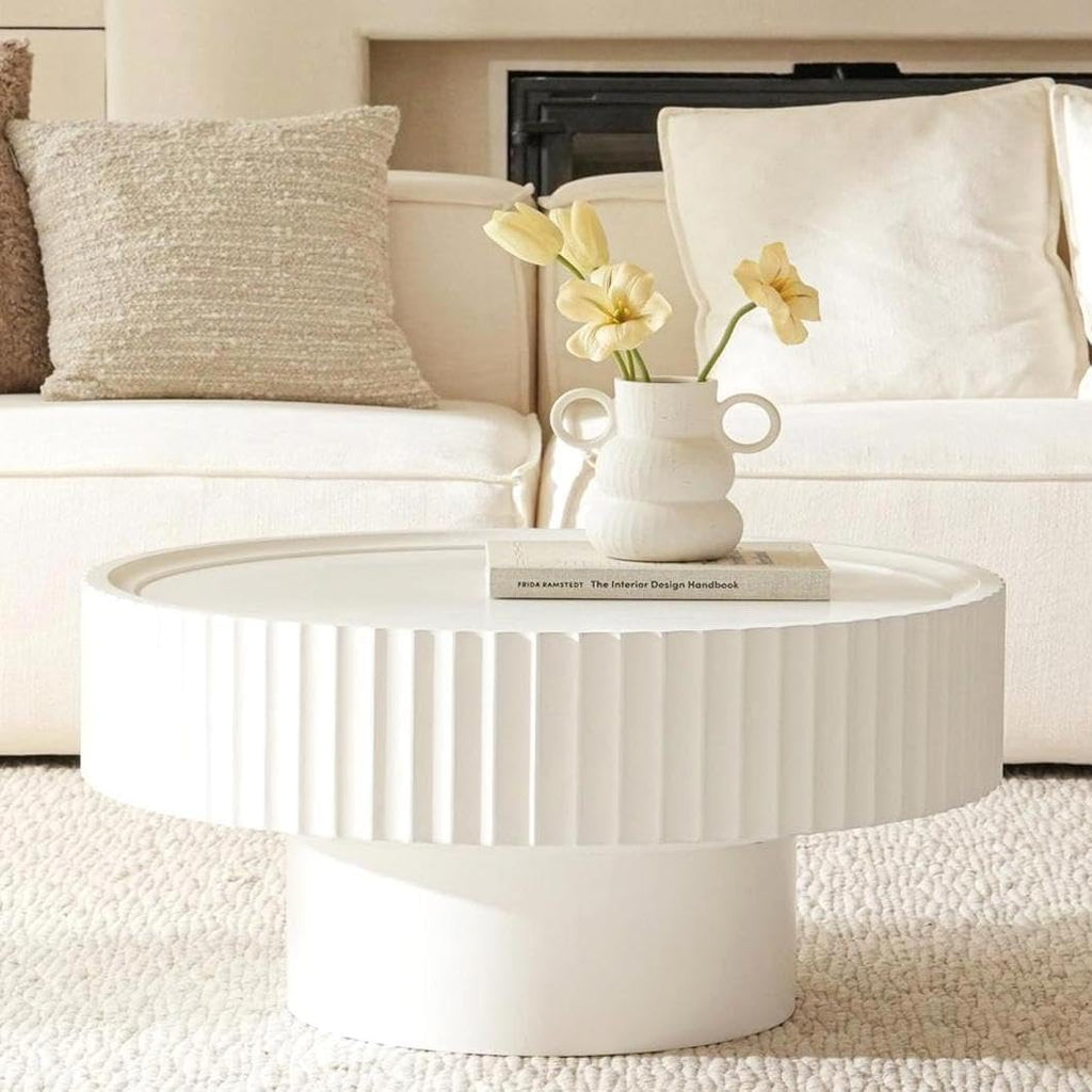 Round Coffee Table, 30.3in Modern Living Room Table, Fluted Drum Circle Tea Table with Storage, Accent Center Tables for Living Room, Apartment, Small Space (White)