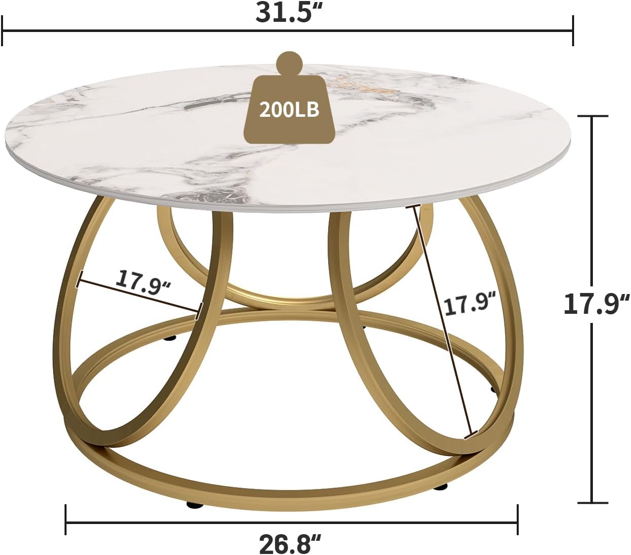 OIOG Round Gold Coffee Table, Modern Coffee Table with Natural Sintered Stone, Marble Look Center Table for Living Room