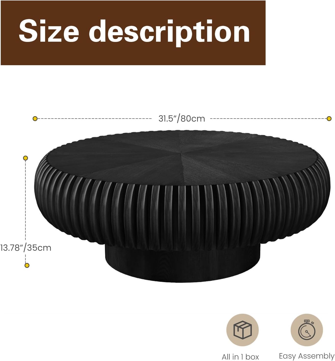 Round Drum Coffee Table Modern Coffee Tables Fluted Coffee Table Circle Center Table Pedestal End Table for Living Room Bedroom (Black 31.5in)