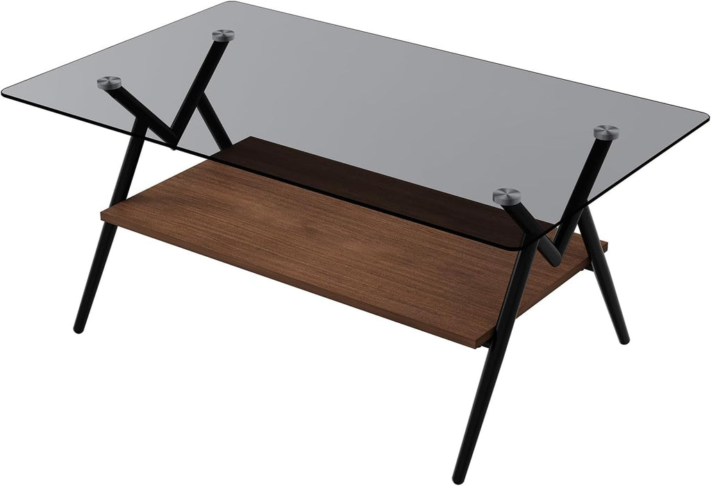 ODUSE-DAILY Coffee Table and End Table 3 Piece Living Room Set, Black Metal Frame Glass Top End Tables, Square Top Shelf, Sofa or Couch Side Tables, Mesa de Centro para Sala (3 Pcs)