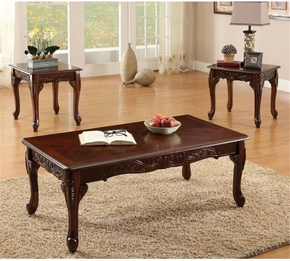 BOWERY HILL 3 Piece Solid Wood Traditional Coffee Table Set in Dark Cherry