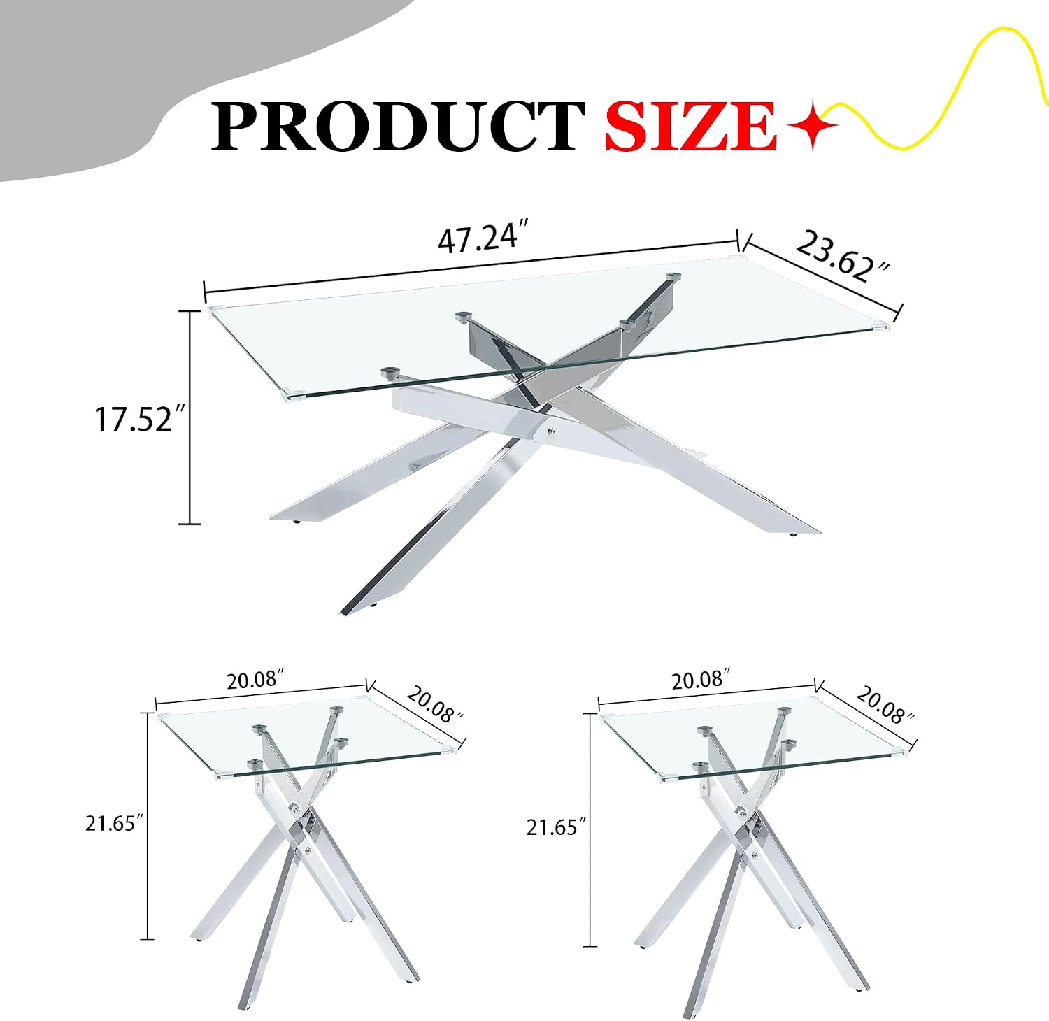 3 Pieces Living Room Table Set, 47' Glass Coffee Table and 2 End Table, Glass Coffee Table Set with Tempered Glass Tabletop and Metal Legs, for Living Room, Leisure, Apartment