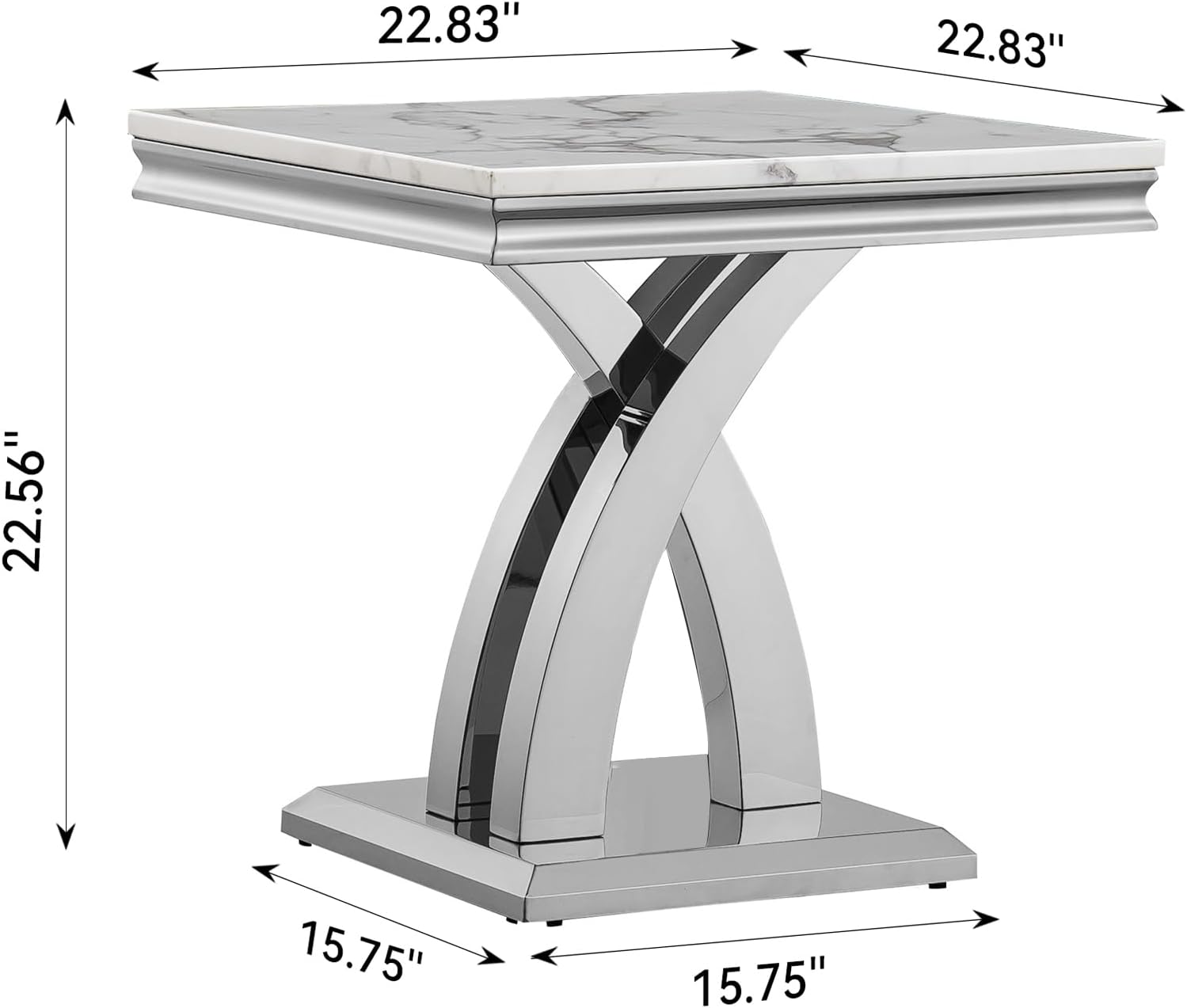 Modern Marble End Table,22' Suqare Side Table with Silver X-Shape Stainless Steel Base,Luxury White Faux Marble End Table Nightstand Pedestal Stand Lamp Table for Hallway, Living Room, Bedroom