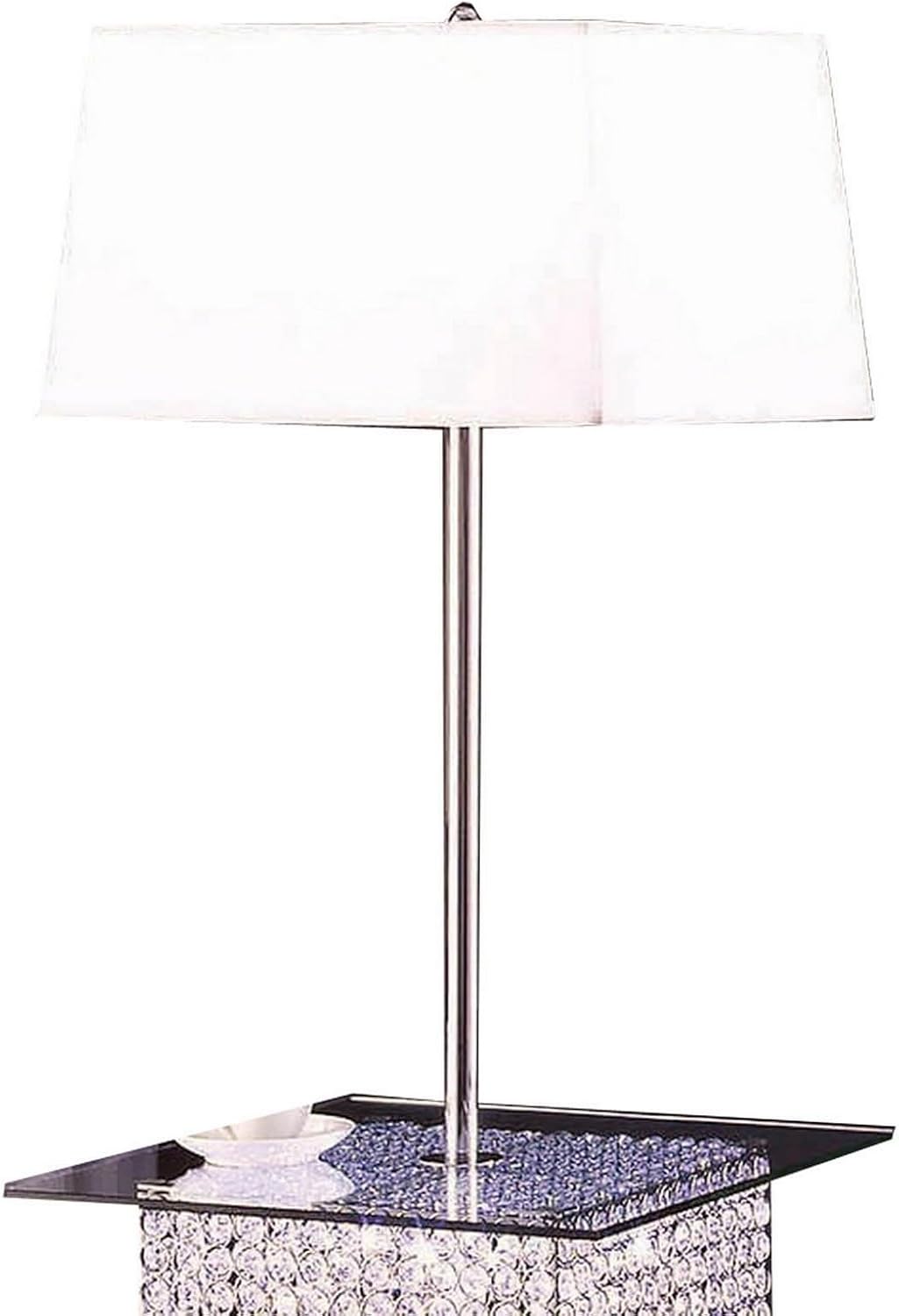 Benjara 59 Inch Floor Lamp with Glass Tabletop, Crystal Stand, Metal, White, Chrome and Clear