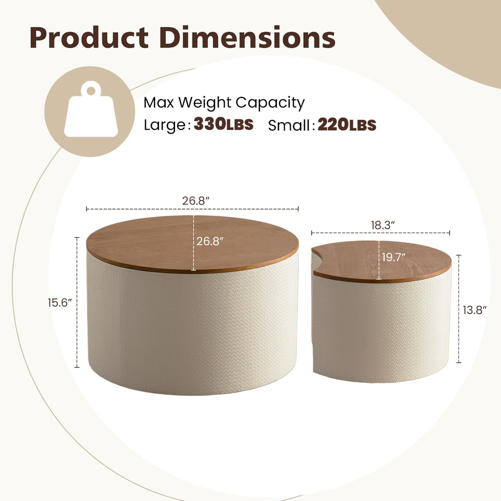 WXFKLDJ Nesting Coffee Tables Set of 2 Leather Finish Round Coffee Tables with Storage Wood Frame Drum End Side Table for Small Space Living Room Bedroom No Assembly Needed (White with Storage)
