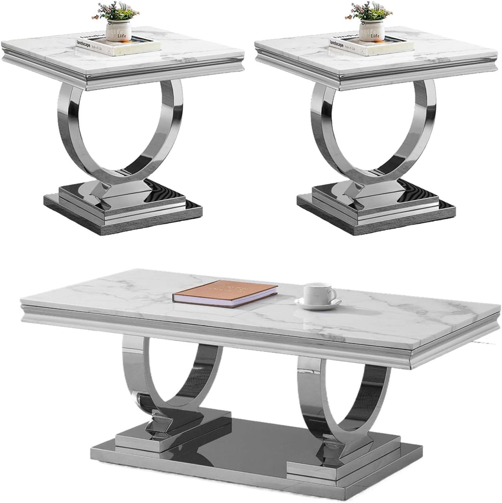 HomVent 3 Pieces U-Shaped Living Room Table Set by Brand, Faux Marble & Stainless Steel Coffee Table Set with Mirrored Finish Home Office (Silver)