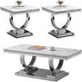 HomVent 3 Pieces U-Shaped Living Room Table Set by Brand, Faux Marble & Stainless Steel Coffee Table Set with Mirrored Finish Home Office (Silver)