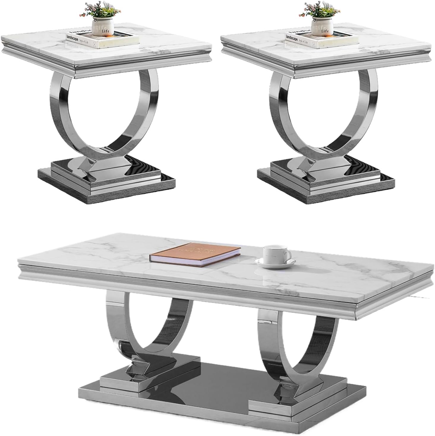 HomVent 3 Pieces U-Shaped Living Room Table Set by Brand, Faux Marble & Stainless Steel Coffee Table Set with Mirrored Finish Home Office (Silver)