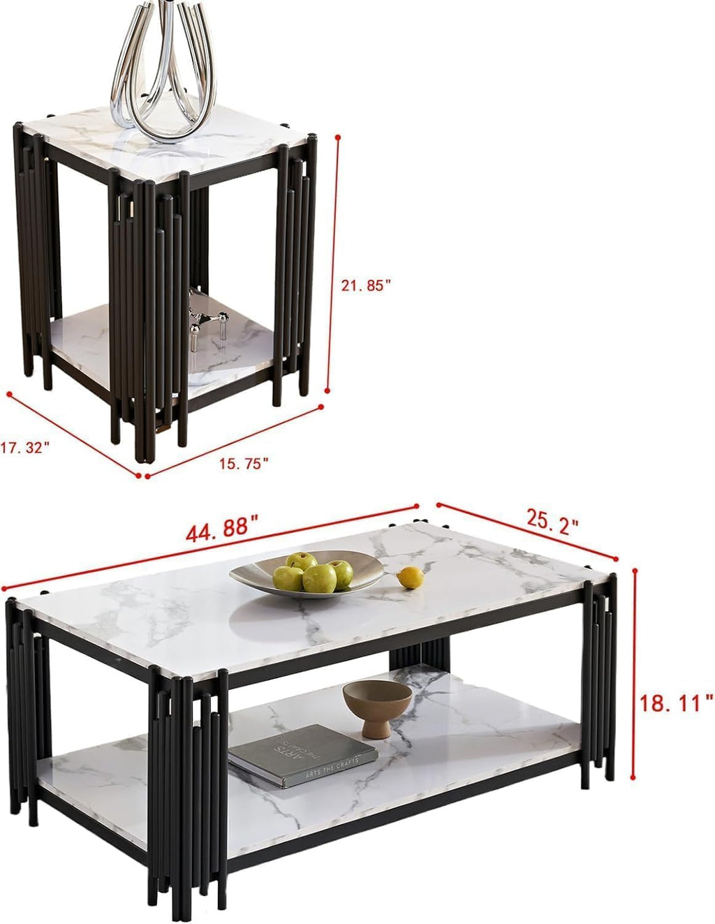 White Marble Coffee Table Set of 2, Faux Marble Coffee Table and White Silver End Table with Chrome Metal I-Base, Luxury 2 Piece Living Room Table Set for Home Office Bedroom