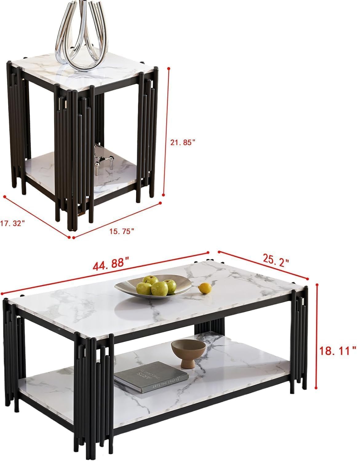 White Marble Coffee Table Set of 2, Faux Marble Coffee Table and White Silver End Table with Chrome Metal I-Base, Luxury 2 Piece Living Room Table Set for Home Office Bedroom