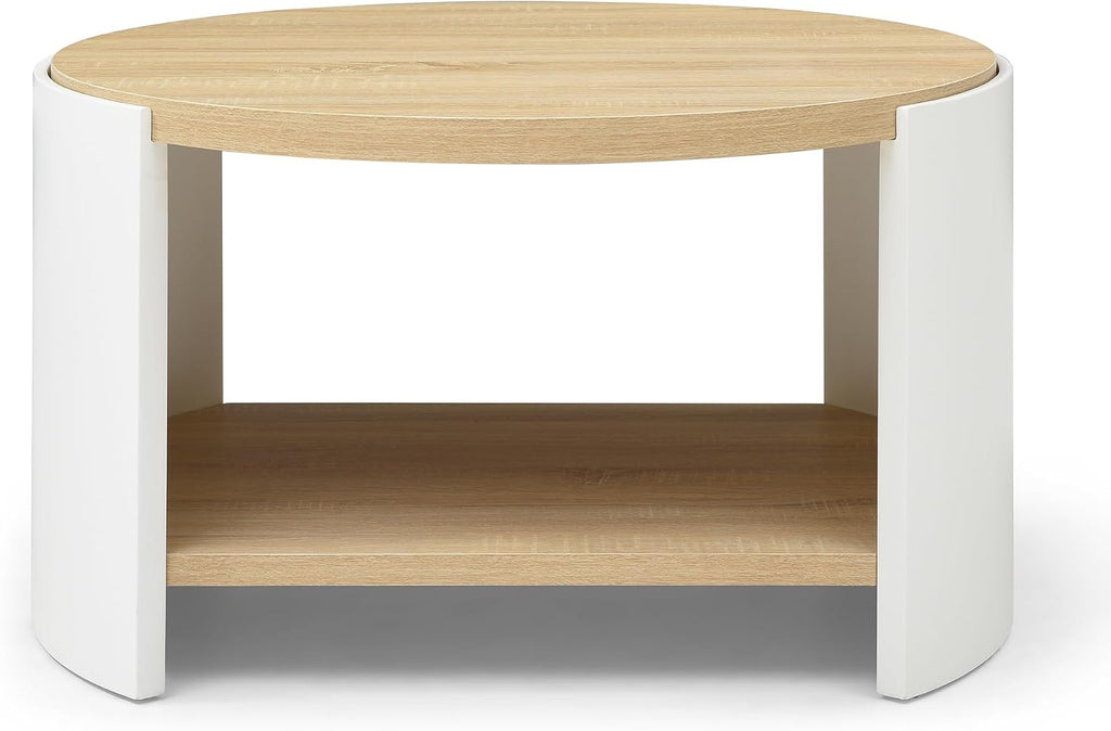 31.49'' Round Coffee Table for Living Room, Modern Wood Circle Coffee Table with 2-Tier Storage Desktop Contemporary Unique Drum Tea Table for Apartment, Small Space, Easy Assembly, Natural White