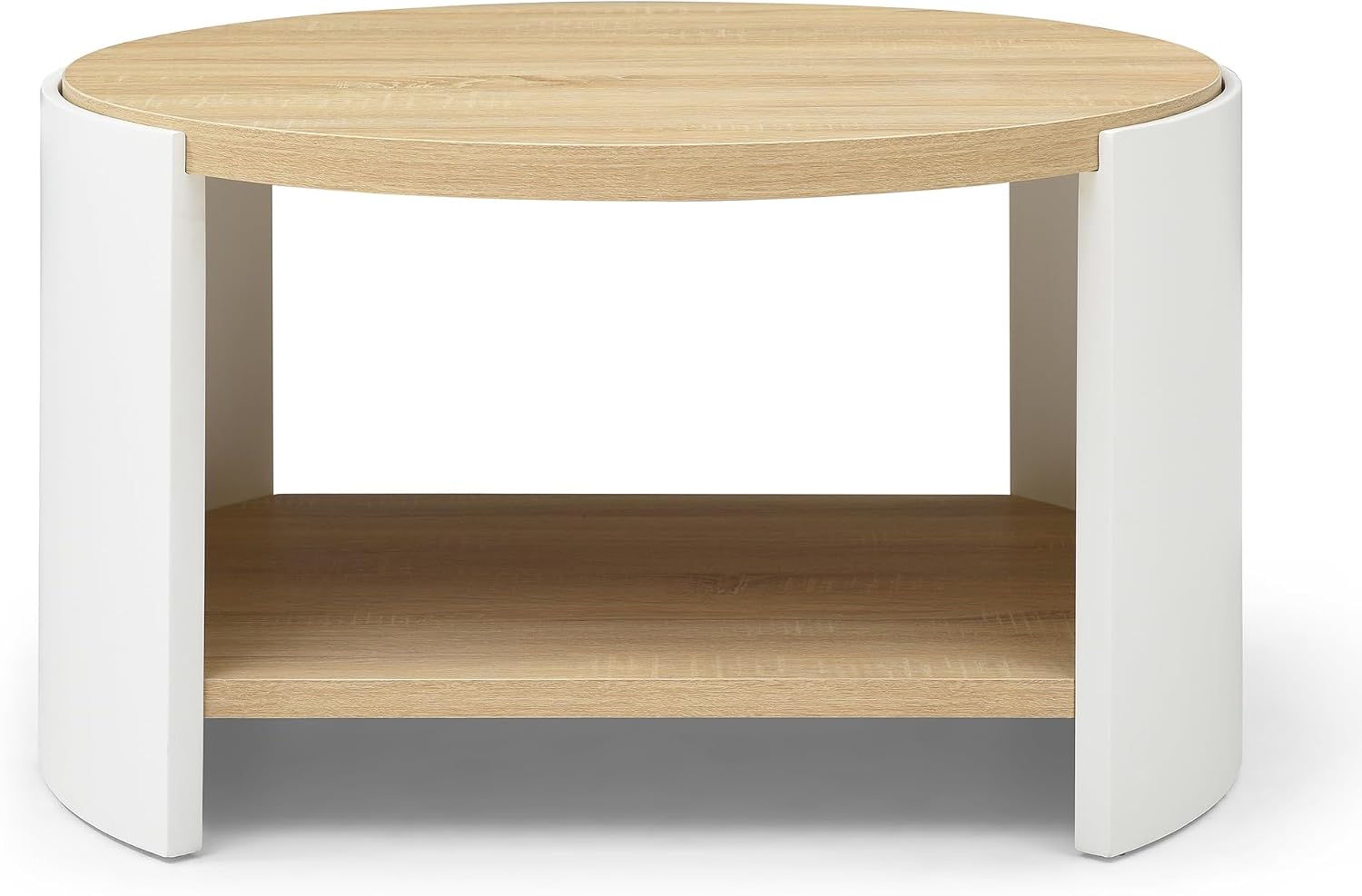 31.49'' Round Coffee Table for Living Room, Modern Wood Circle Coffee Table with 2-Tier Storage Desktop Contemporary Unique Drum Tea Table for Apartment, Small Space, Easy Assembly, Natural White