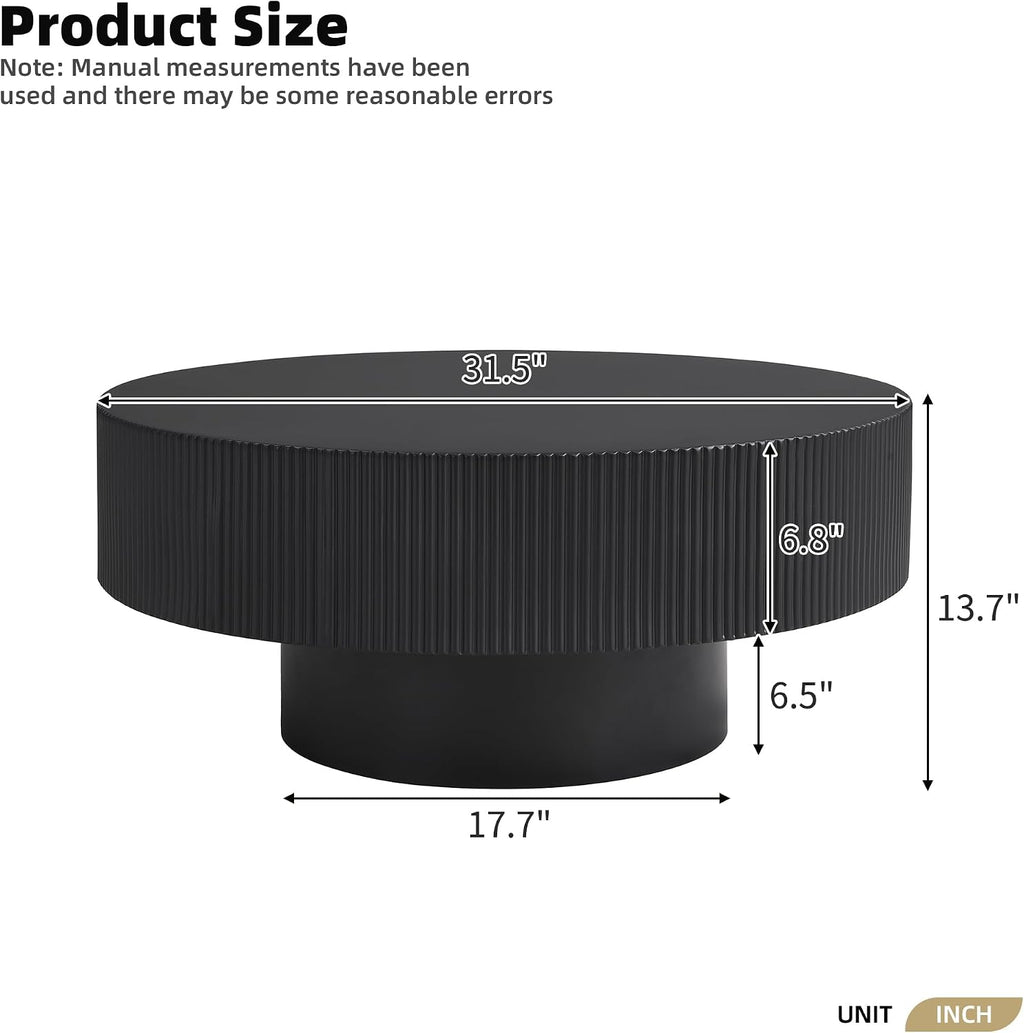 31.5' Wide Round Coffee Table with 6.8' Thick Tabletop, Easy Assembly, Modern Minimalist Wooden Fluted Center Table Black Drum End Table with Sturdy Base for Living Room or Bedroom
