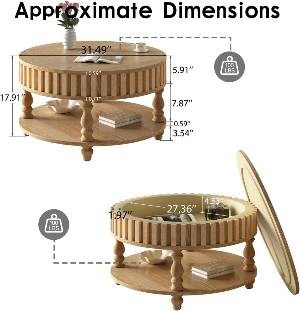 31.49'' Round Coffee Table with Storage Space, 2-Tier Modern Rustic Wood Circle Fluted Coffee Table for Living Room, Moveable Table Top & Easy Assembly, Natural