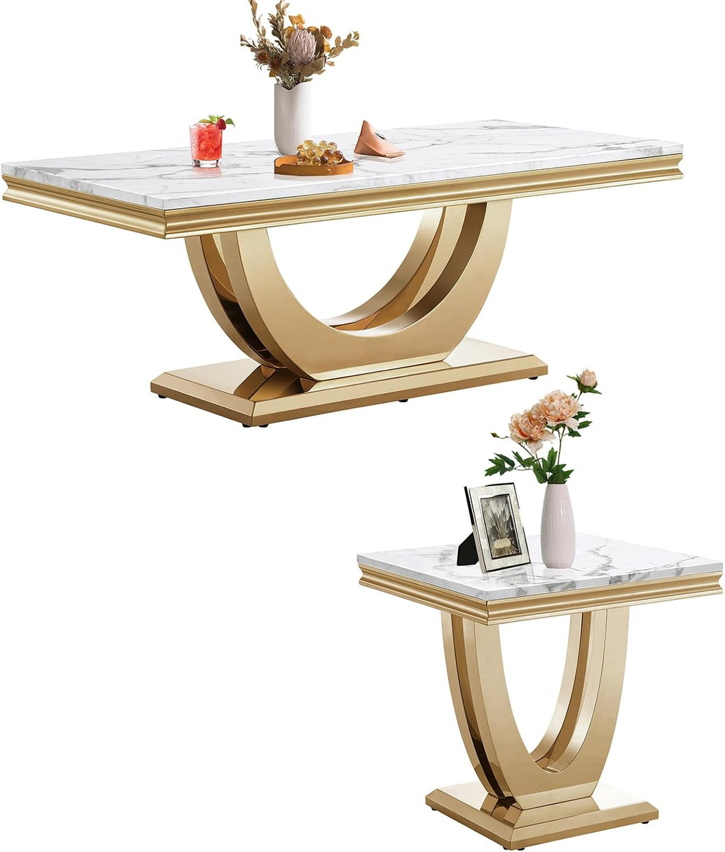 Marble Coffee Table Set of 2, 2 Piece Living Room Table Set Include 1 Coffee Table & 1 End Table,Modern White Gold Coffee Table and End Table Sets with Double U Shape Stainless Steel Base