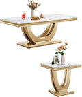 Marble Coffee Table Set of 2, 2 Piece Living Room Table Set Include 1 Coffee Table & 1 End Table,Modern White Gold Coffee Table and End Table Sets with Double U Shape Stainless Steel Base