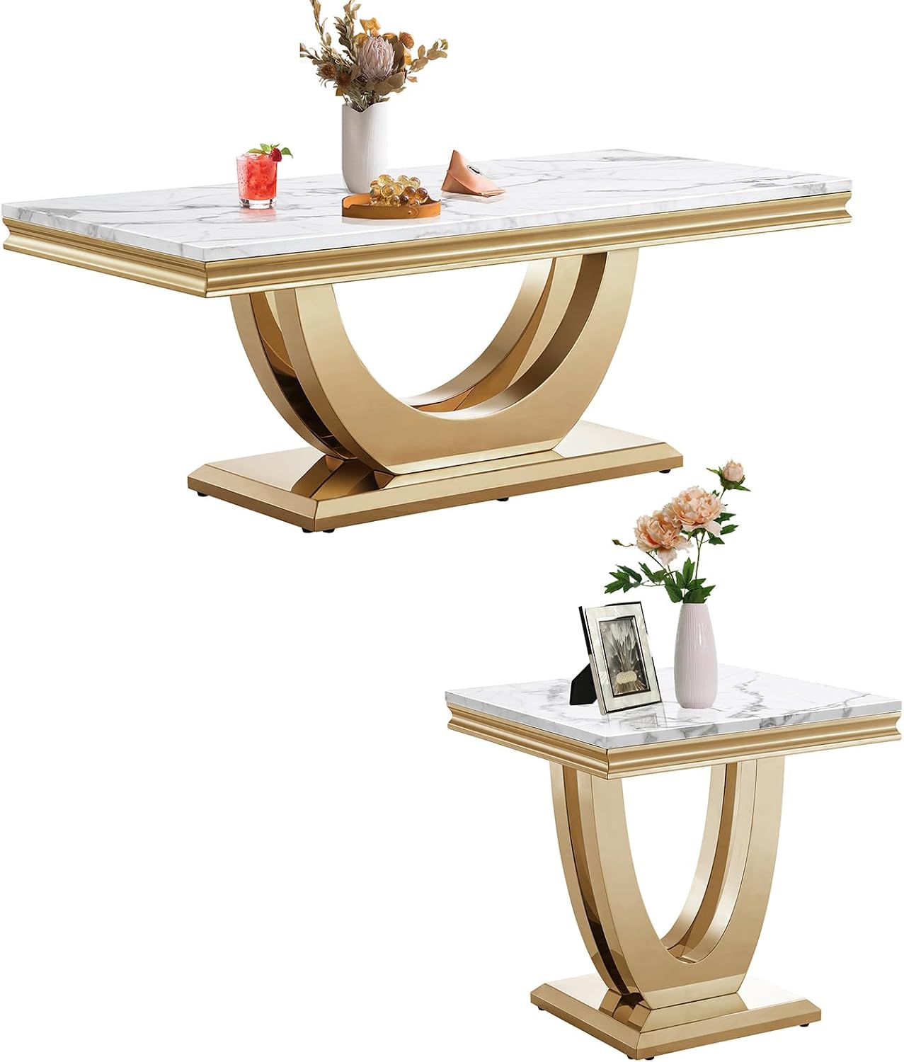 Marble Coffee Table Set of 2, 2 Piece Living Room Table Set Include 1 Coffee Table & 1 End Table,Modern White Gold Coffee Table and End Table Sets with Double U Shape Stainless Steel Base