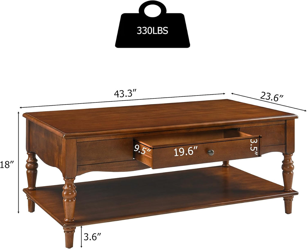 Living Room Table Set-One Rectangular Coffee Table and Two Square End Tables with Storage Drawer, Elegant Vintage Sofa Center Table with Wood Carved legs, No-Tools Assembly, Caramel Brown KFZ-BZ-C008