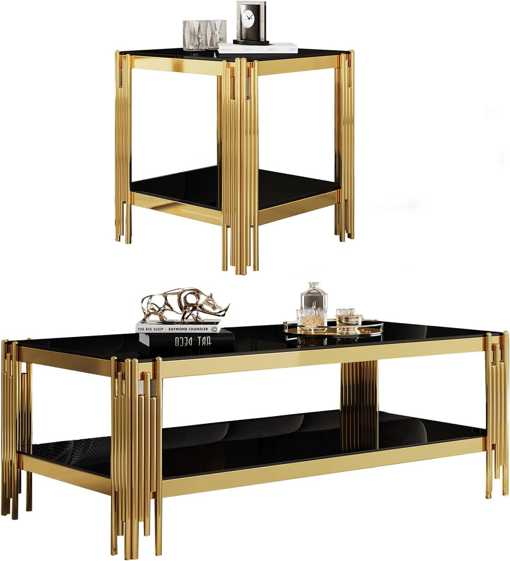 SSLine 2-Piece Living Room Table Set, Modern Black Glass Coffee Table with 1 End Table, Luxury Rectangle 2-Tier Storage Coffee Table Set with Gold Stainless Steel Frame for Living Room