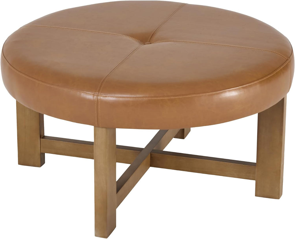 Christopher Knight Home Ladin Modern Round Ottoman Coffee Table, Faux Leather Cocktail Ottoman for Living Room Sofa, Entryway Comfortable Footstool, Wooden Ottoman Foot Rest, Light Brown+Walnut