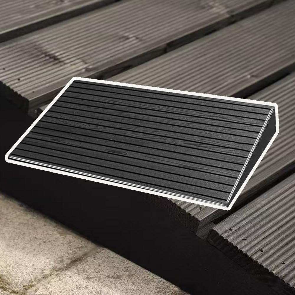 4' Rise Steps Ramp Wooden Slope Ramp For Driveway/Garage Door/Stair/Shed，Motorcycles Access Ramp，Threshold Ramp For Doorways，With Non-Slip Grooves(Grille black,19.6x35.4x3.9in)