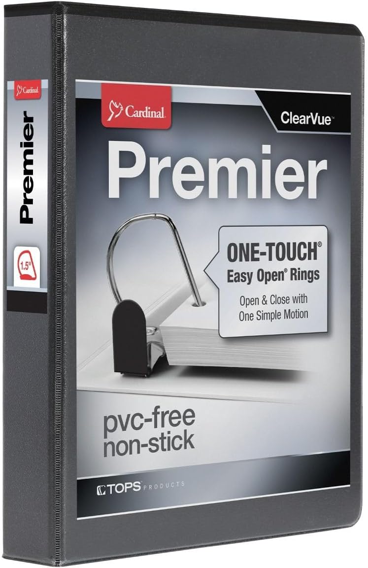 Cardinal 3 Ring Binder, 1.5 Inch Premier Easy Open Binder, ONE-Touch Locking Slant-D Rings, 400-Sheet Capacity, ClearVue Cover, PVC-Free, Black (10311) (Pack of 12)