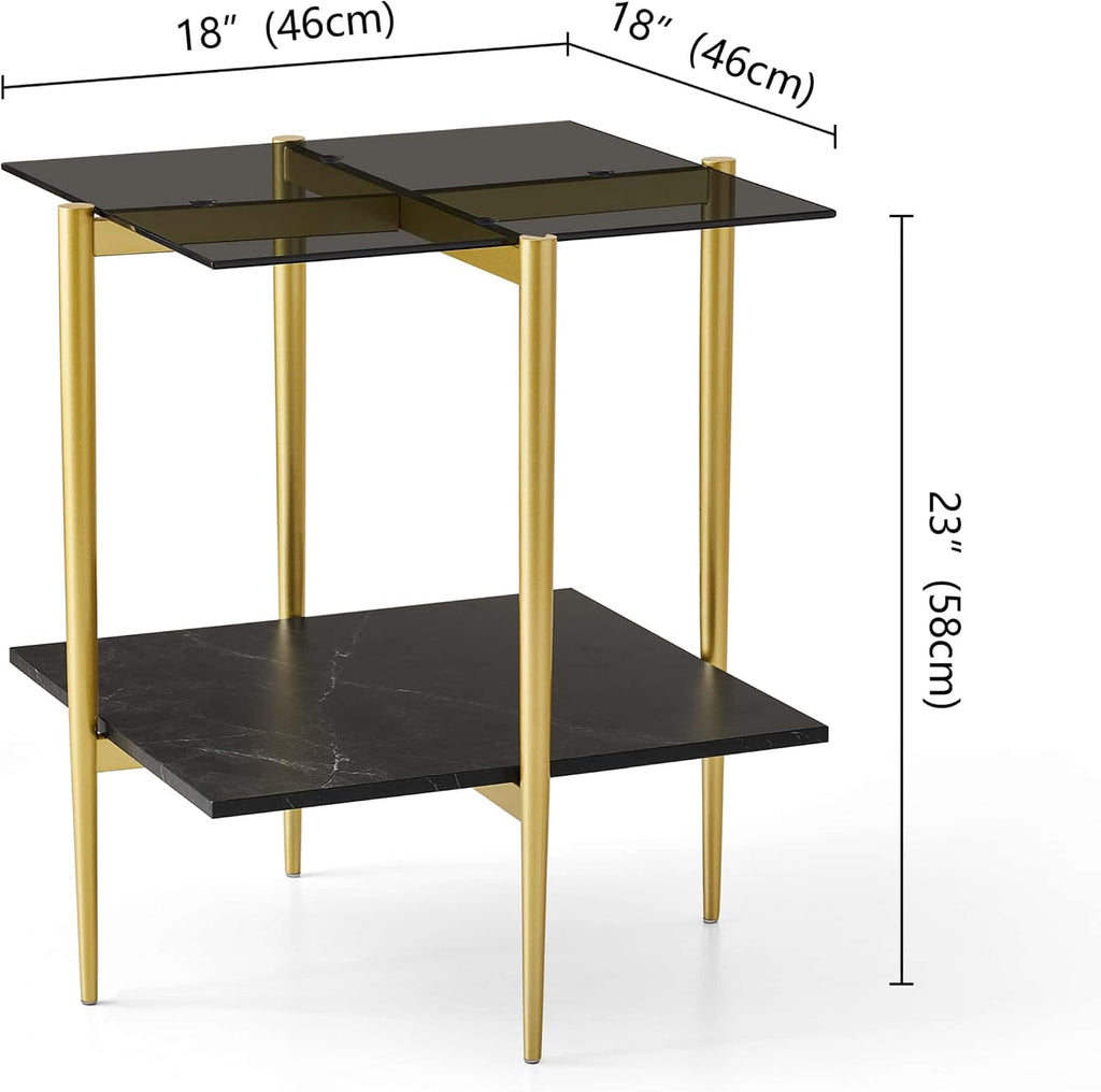 LumFurn Glass End Table, Mid-Century Modern Design Sofa Table, for Living Room, L18 x W18 x H23 in, Clear Glass Top and Walnut MDF Shelf, Sleek Conical Metal Legs with Gold Finish Frame