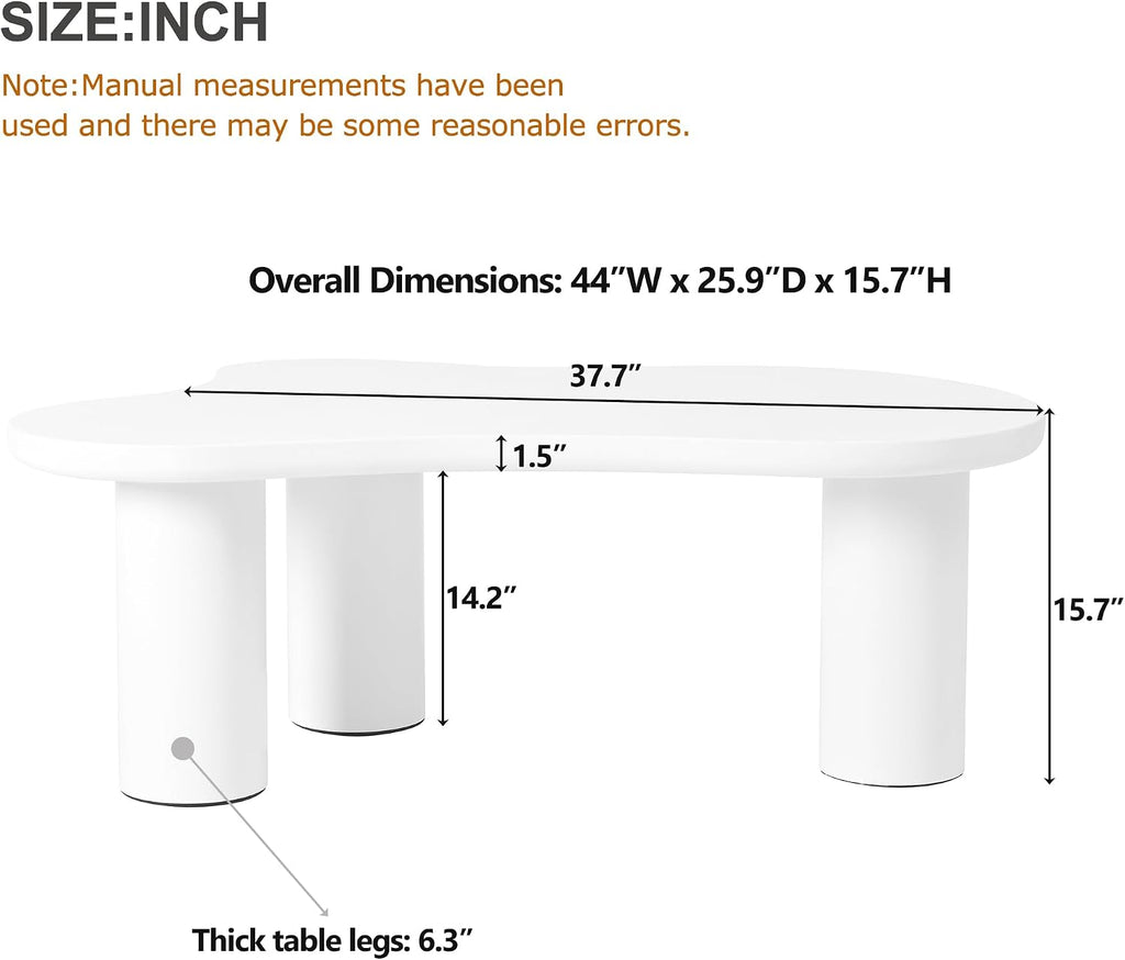 Merax 44' W Irregular Cloud Style White Coffee Table with 1.5' Thickness Tabletop, Wooden End Table Center Table with Round Edge and 3 Sturdy Legs for Living Room or Bedroom