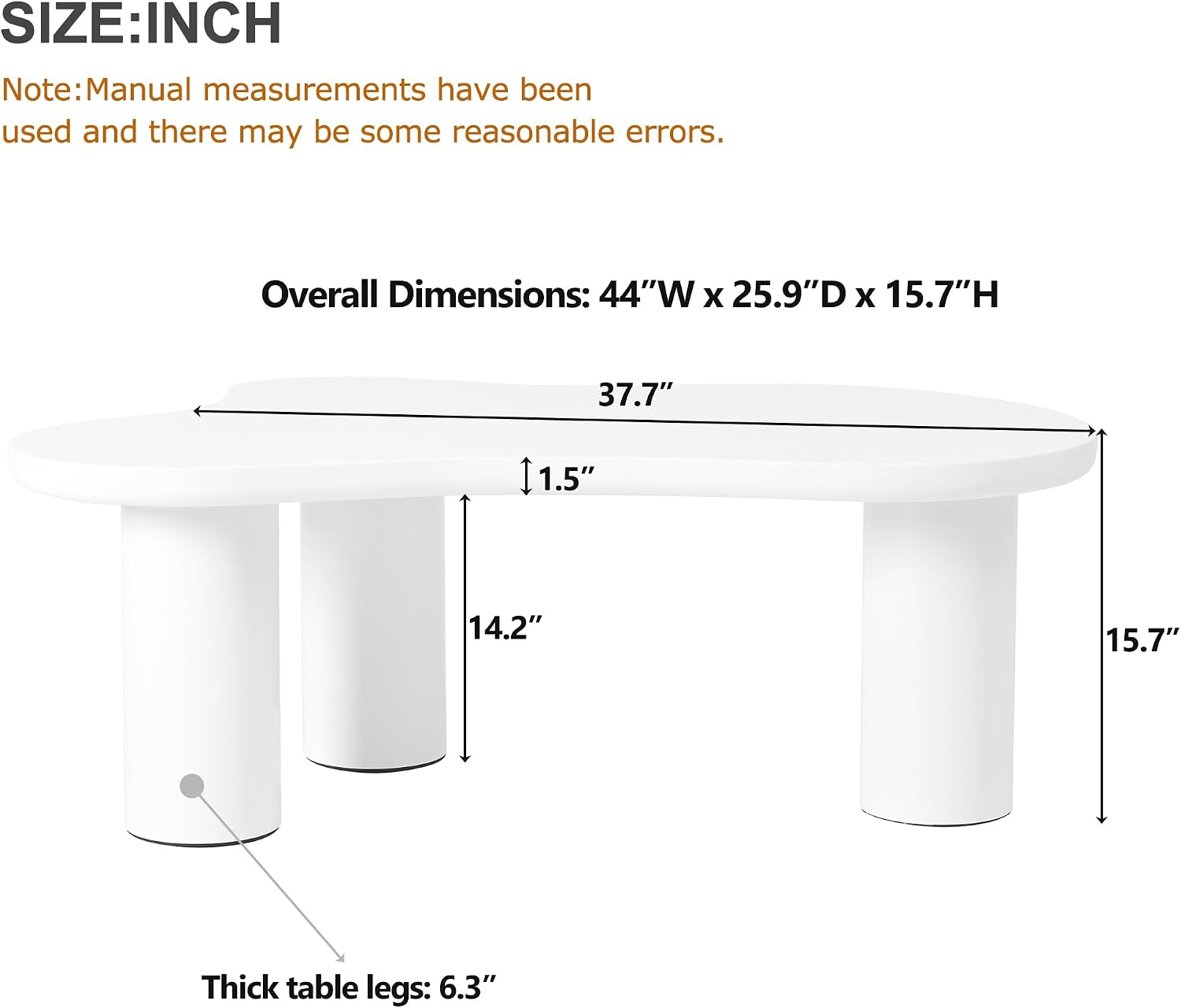 Merax 44' W Irregular Cloud Style White Coffee Table with 1.5' Thickness Tabletop, Wooden End Table Center Table with Round Edge and 3 Sturdy Legs for Living Room or Bedroom
