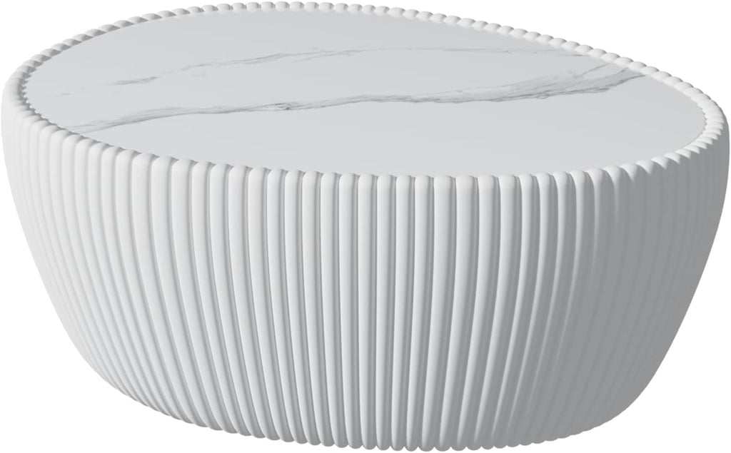 32'' Goose Egg Shaped Coffee Table, White Sintered Stone Top with Unique Pattern & Leather Wrapped, Modern Side Sofa Table, No Assembly