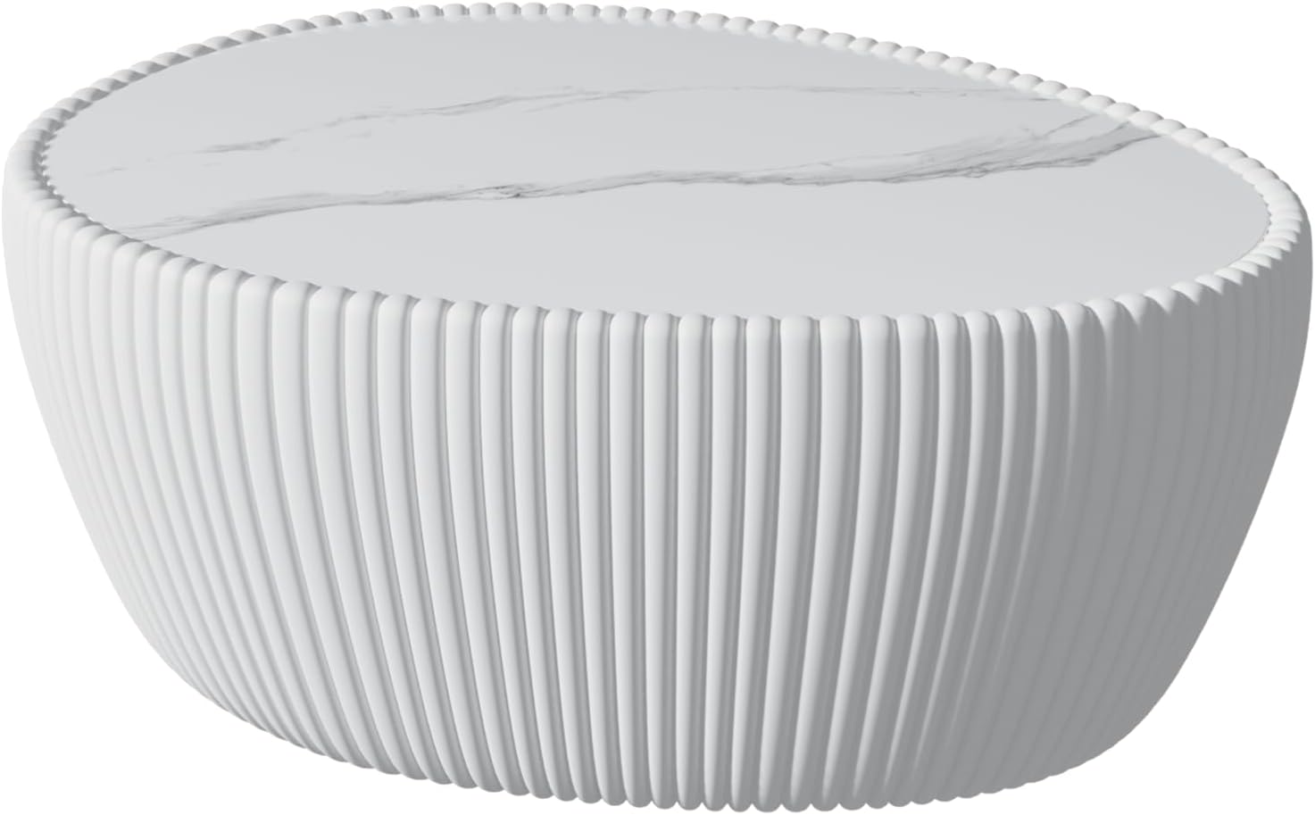 32'' Goose Egg Shaped Coffee Table, White Sintered Stone Top with Unique Pattern & Leather Wrapped, Modern Side Sofa Table, No Assembly