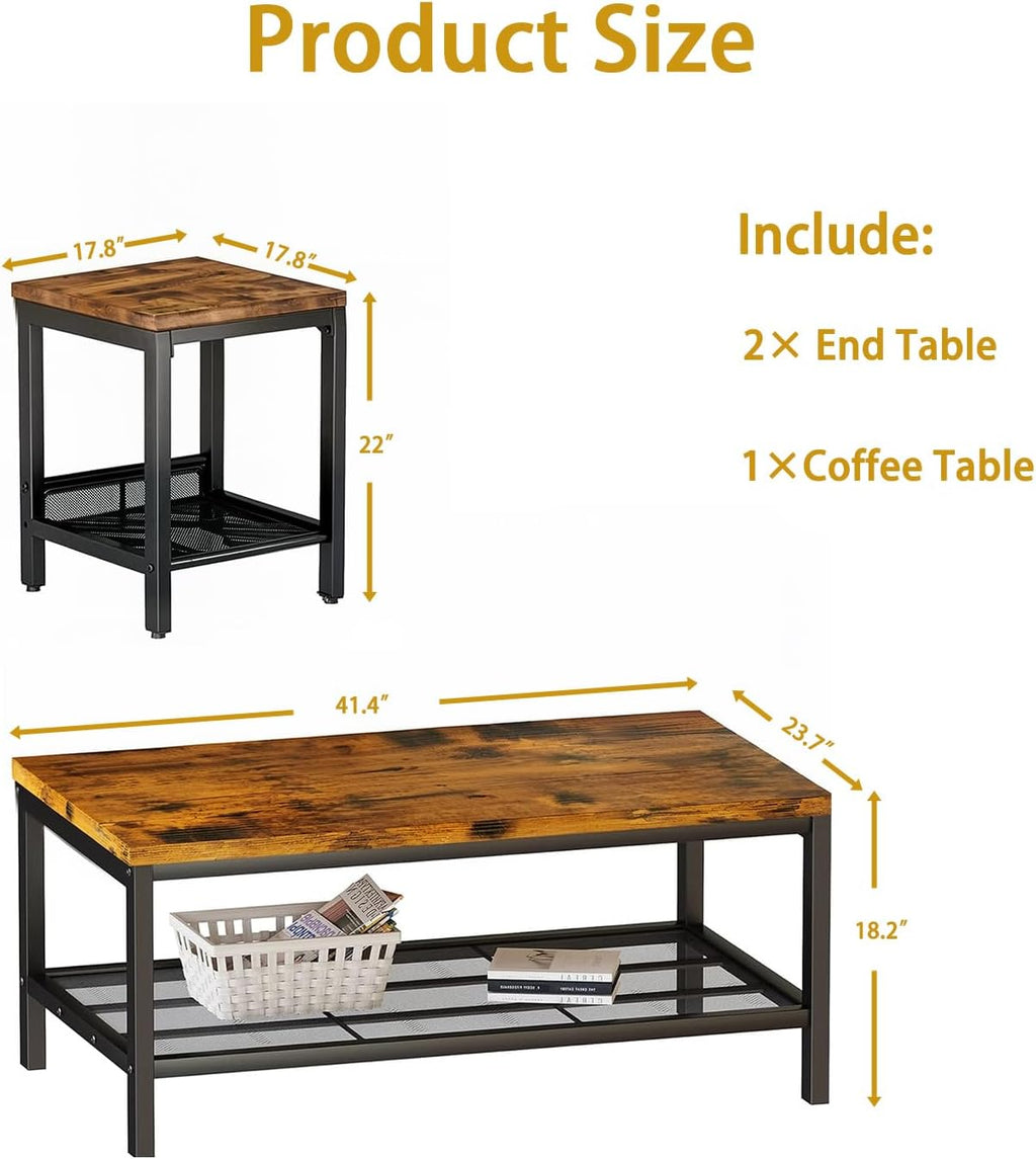 Coffee Table Set of 3,Industrial Coffee Table and 2 End Side Tables,Easy Assembly Coffee and End Tables Sets with Metal Legs, for Office, Living Room and Apartment (Brown)