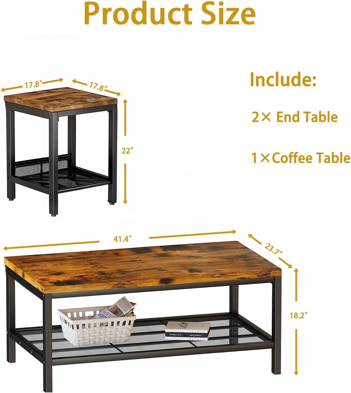 Coffee Table Set of 3,Industrial Coffee Table and 2 End Side Tables,Easy Assembly Coffee and End Tables Sets with Metal Legs, for Office, Living Room and Apartment (Brown)