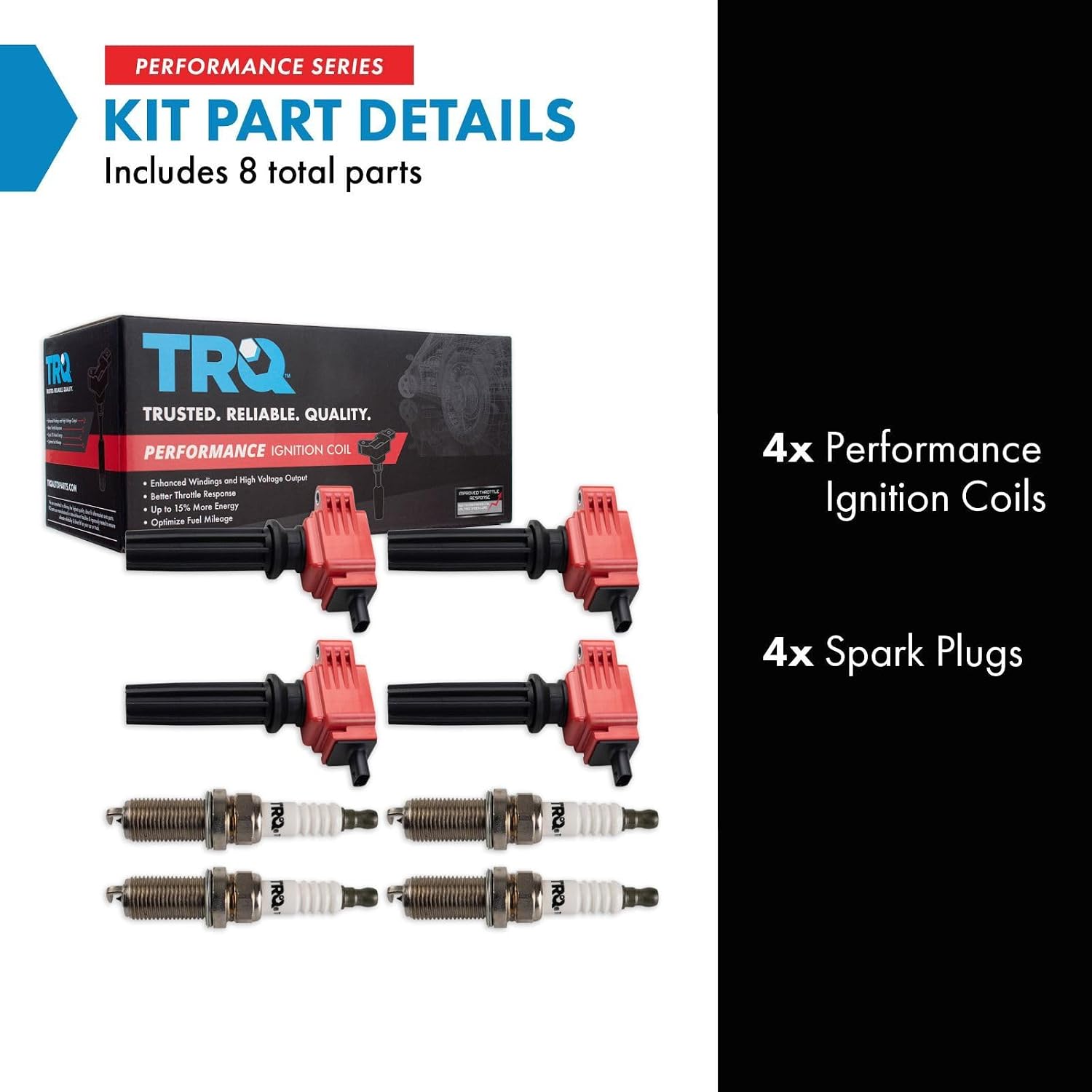 TRQ Ignition Coil and Spark Plug Kit 8 Piece Iridium Spark Plugs Compatible with 2017-2018 Fusion 2018-2021 EcoSport