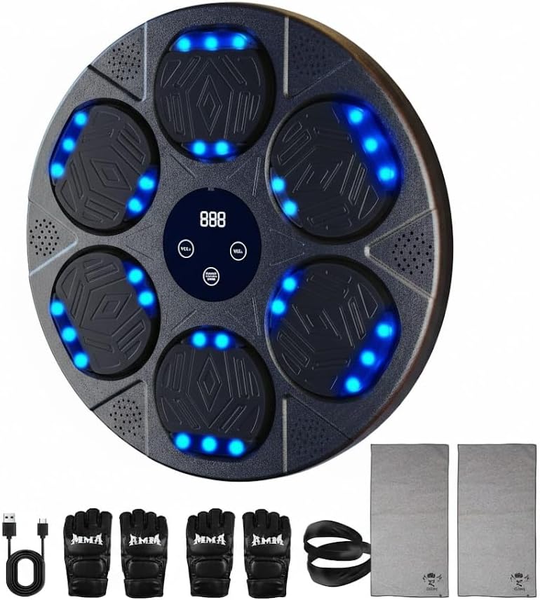 Music Boxing Machine Wall Mounted Smart Boxing Kit with 2 Pairs Gloves | 6 Light-Up Targets, Bluetooth Speaker, Reaction Training, 2 Pairs Gloves, Headbands & Towels Included