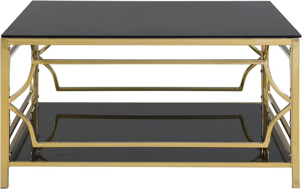 33.5' Square Black Glass Coffee Table with Storage, Modern 2-Tier Tempered Glass Accent Coffee Table with Metal Frame for Living Room, Minimalist Gold Cocktail Center Table for Office, Apartment