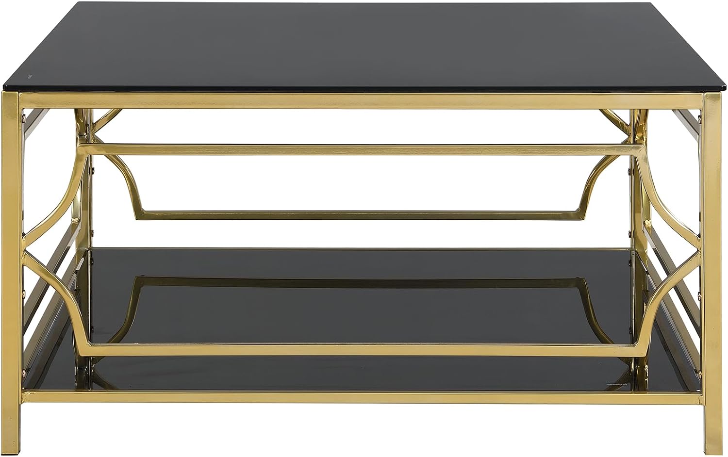 33.5' Square Black Glass Coffee Table with Storage, Modern 2-Tier Tempered Glass Accent Coffee Table with Metal Frame for Living Room, Minimalist Gold Cocktail Center Table for Office, Apartment