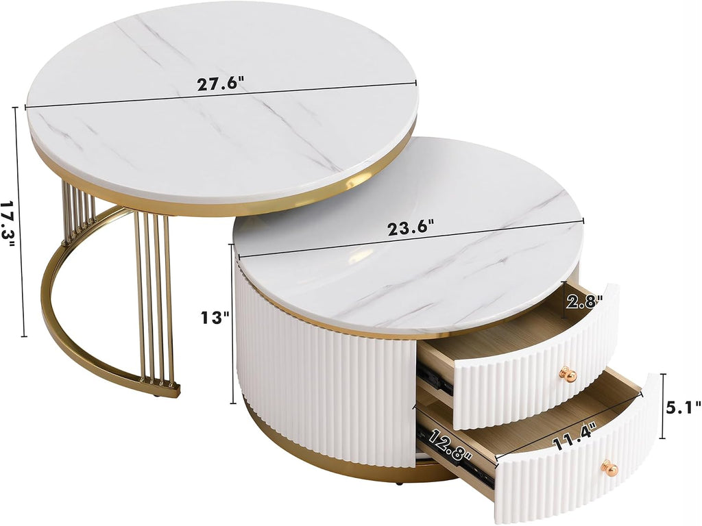 27.6' Modern 2 Pieces Round Nesting Coffee Table with Drawers,White