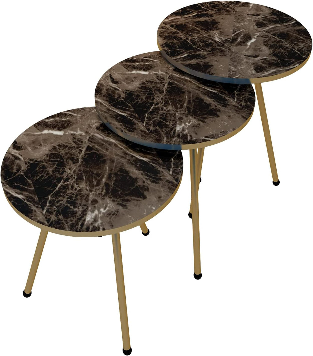 Set of 3 Nesting END Tables - Round Stacking Coffee Side Tables for Small Spaces, Nightstand Bedside Table for Living Room, Bedroom, Living Room, Balcony, NO-TOOLS ASSEMBLY (Brown Marble/Gold)