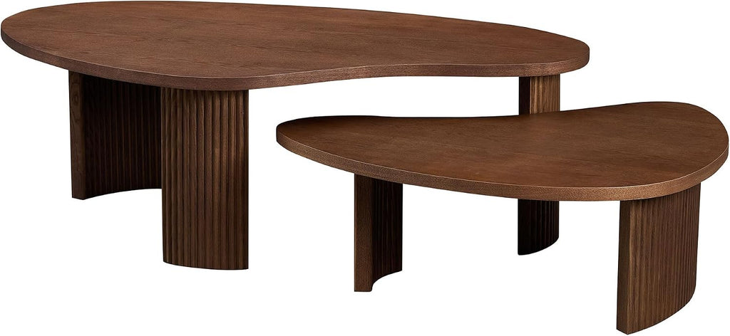 Nesting Coffee Table Set of 2, Modern Irregular Nesting Tables Wooden Center Circle Accent Tea End Side with Fluted Legs for Living Room, Apartment, Office 49.41' W Walnut