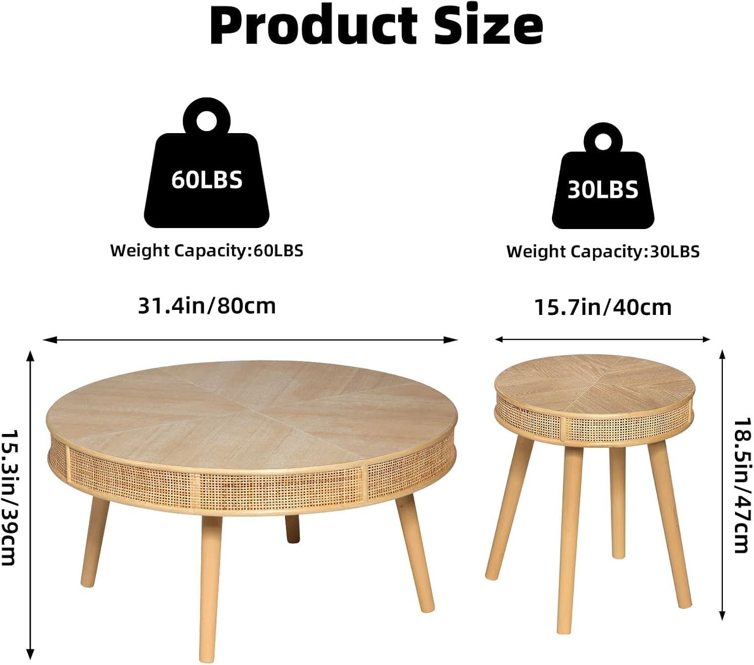 RUSTOWN 2-Piece Farmhouse Coffee Table, Modern Rustic Sofa Side Tea Tables, Solid Wood Finish with Crafted Rattan Side and End Table Sets for Living Room (Natural)