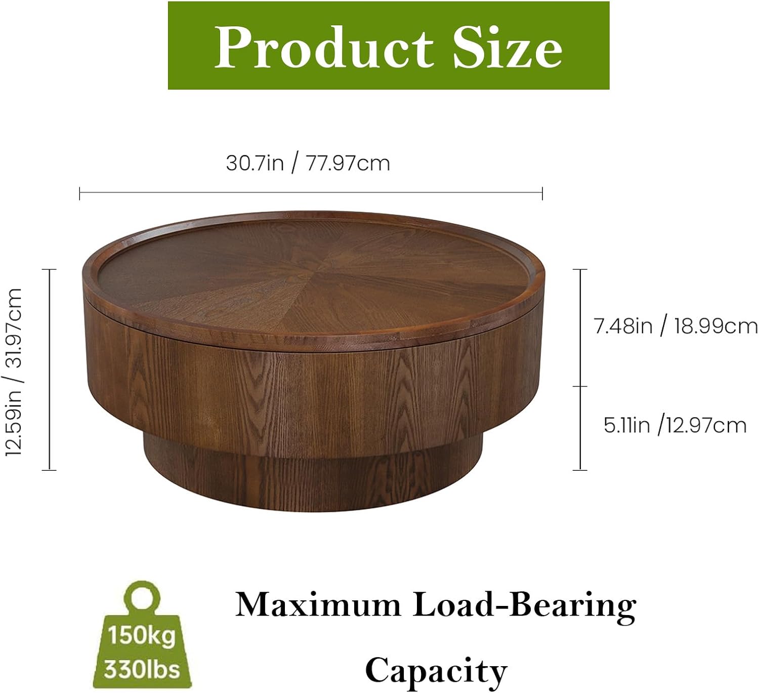 30.7' Round Coffee Table with Storage Modern Stylish Circle Storages Coffee Table with Solid Wood Veneered for Living Room Study Balcony Farmhouse (Circle Storage Table 30.7in)