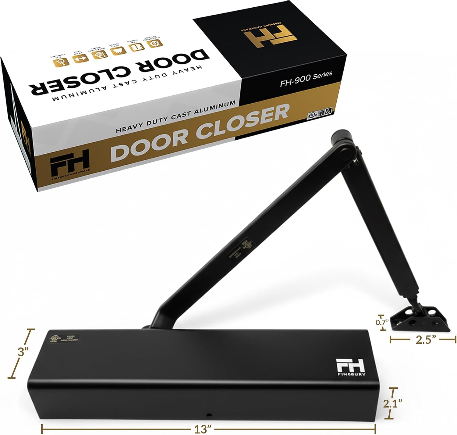 Finsbury Commercial Black Door Closer Automatic Heavy Duty High Traffic Adjustable ANSI/BHMA Grade 1 Standard, UL Listed ADA Compliant Hydraulic Backcheck Delayed Action Latch Speed 1-6 Power (Black)