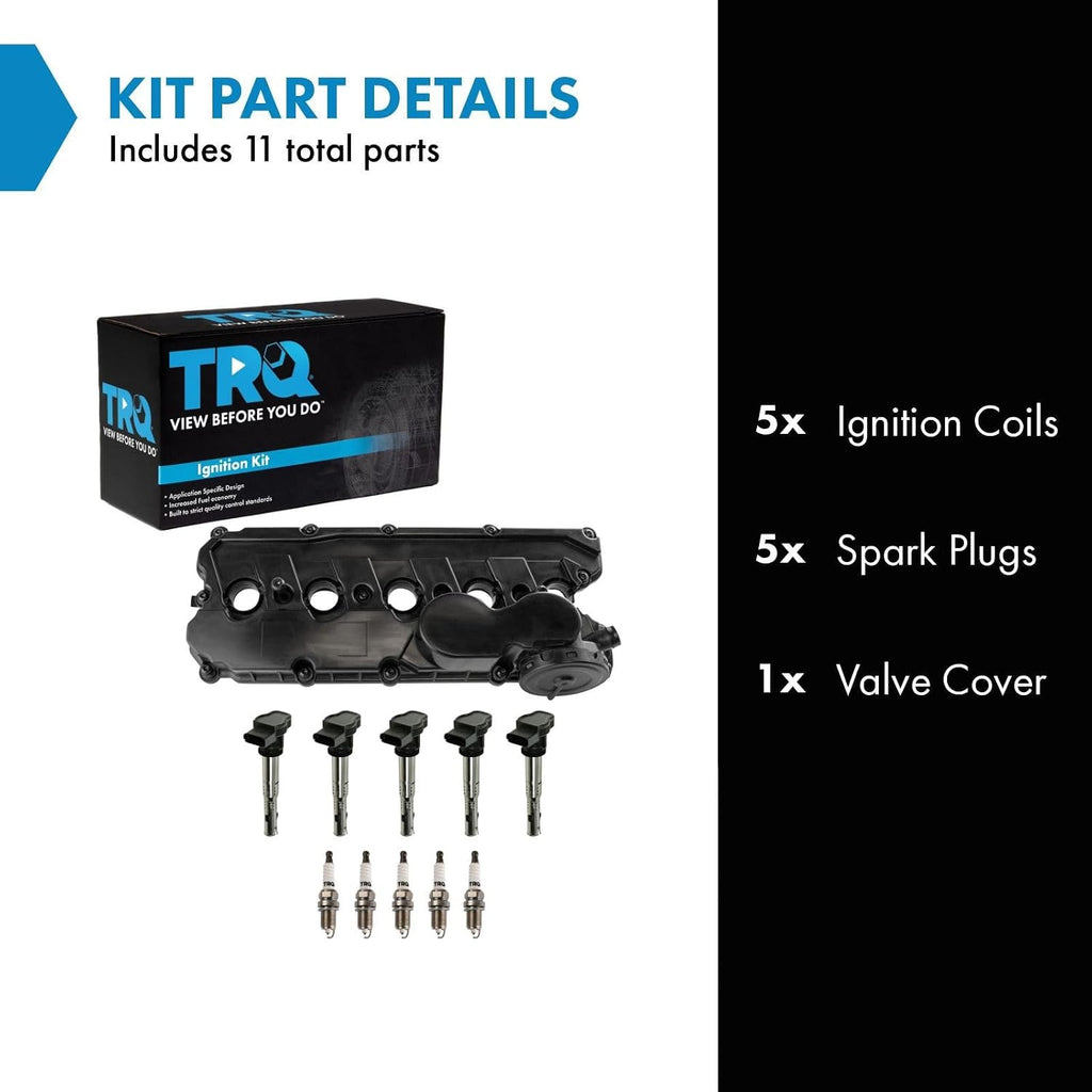 TRQ Ignition Coil and Spark Plug Kit 11 Piece Valve Cover Iridium Spark Plugs Compatible with 2006-2010 Volkswagen Beetle