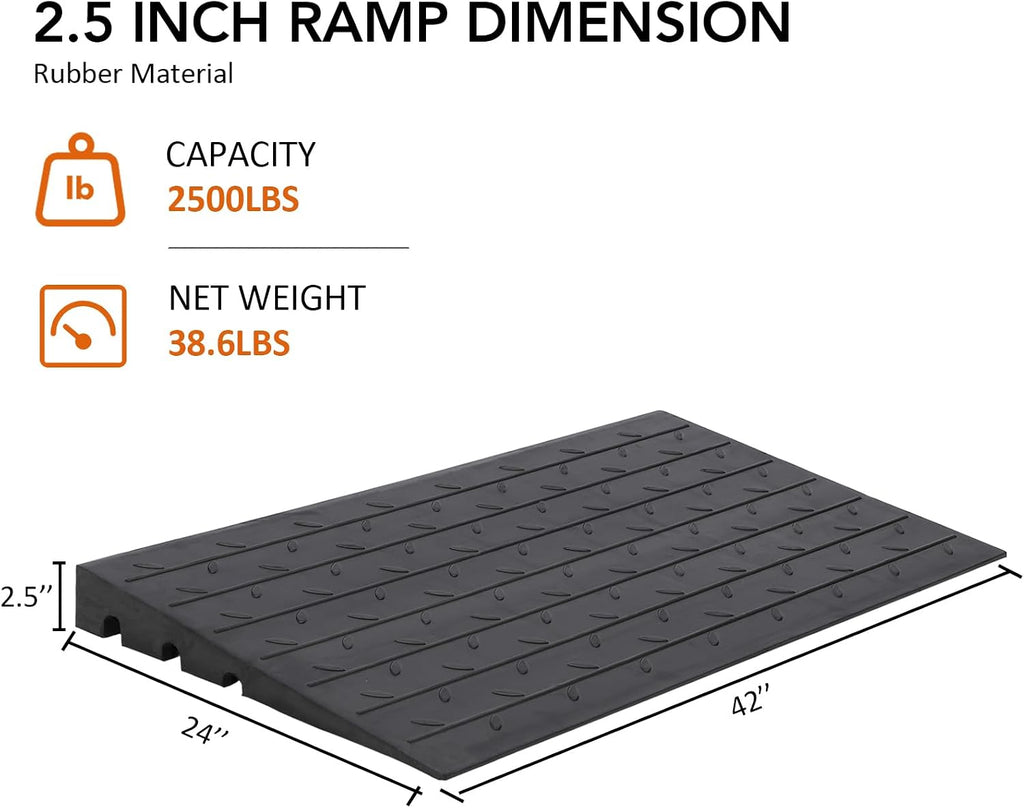 Towallmark Rubber Threshold Ramp, 2.5'' Rise Wheelchair Ramp, 2500LBS Capacity Curb Ramp Driveway Handicap Ramps for Home Entry Steps Wheelchairs Driveway Mobility Scooters with 3 Channels Cord Cover