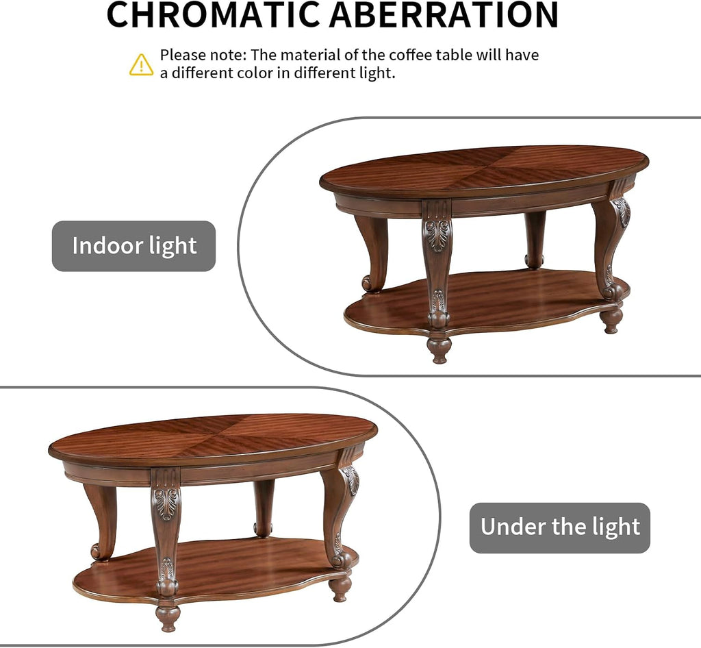 Wood Coffee Table Set for Living Room Round End Tables Set of 2, Antique Coffe Table Legs with Elegant Carvings, Cherry