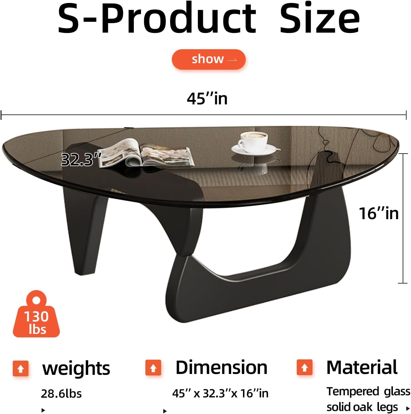 Glass Coffee Table, Mid Century Modern Coffee Table, Coffee Table for Living Room Center Table Suitable for Bedroom Living Room Reception Office Tables (Black/Grey, Large)
