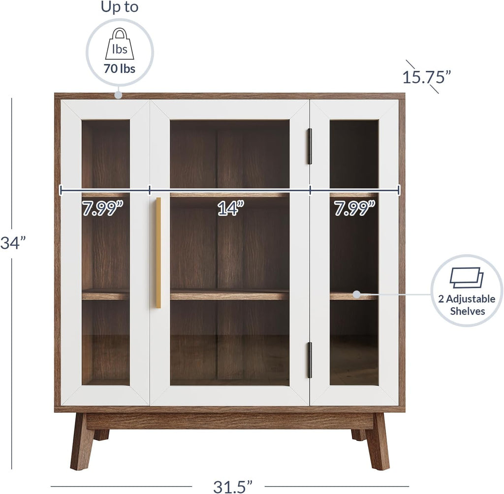 BELLEZE Set of 2 Sideboard 31 Inch Buffet Cabinet with 3-Tiers Shelves and Glass Display Door, Console Table Storage/Pantry Cabinet Coffee Bar for Living Room, Entryway - White