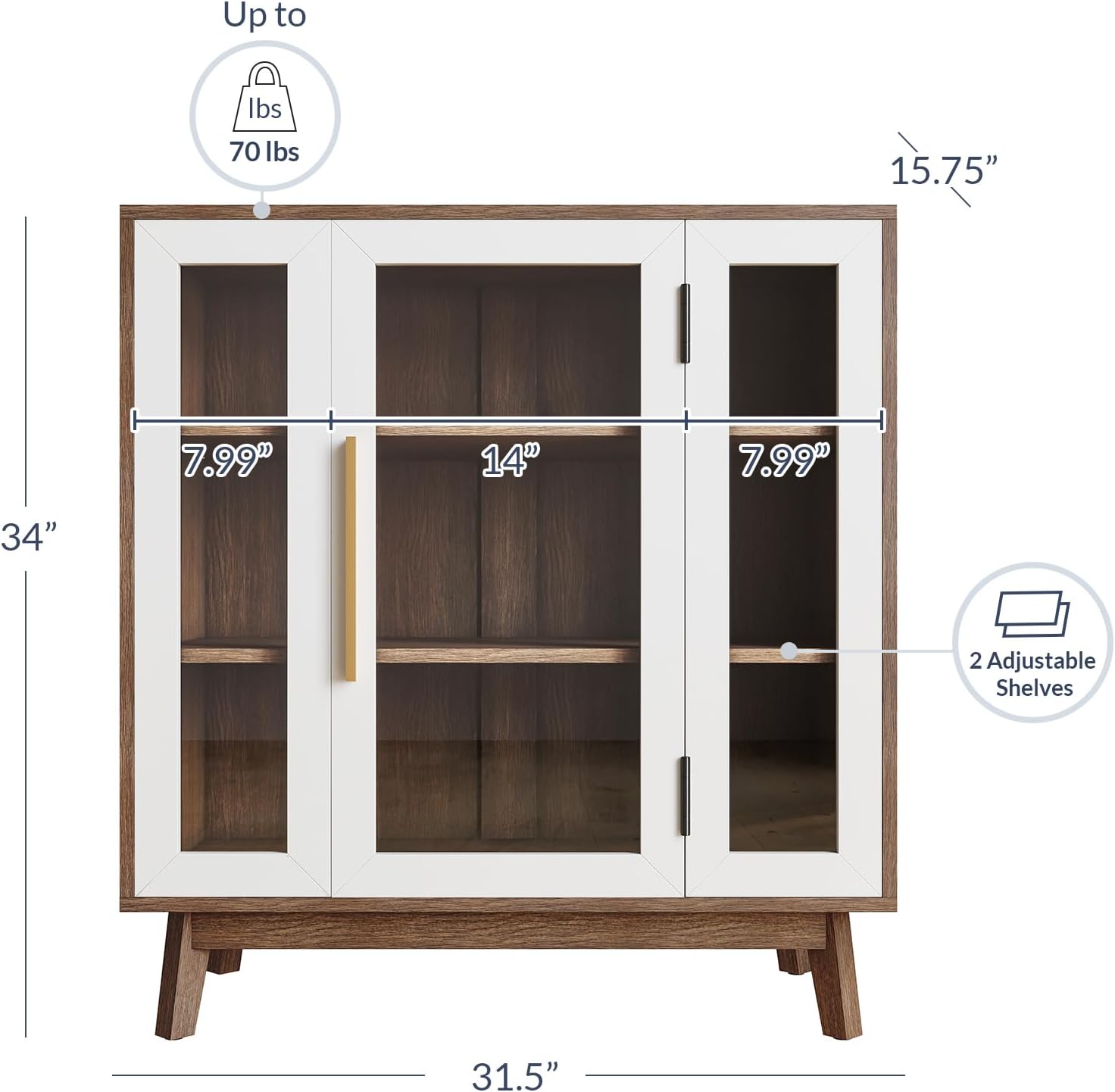 BELLEZE Set of 2 Sideboard 31 Inch Buffet Cabinet with 3-Tiers Shelves and Glass Display Door, Console Table Storage/Pantry Cabinet Coffee Bar for Living Room, Entryway - White