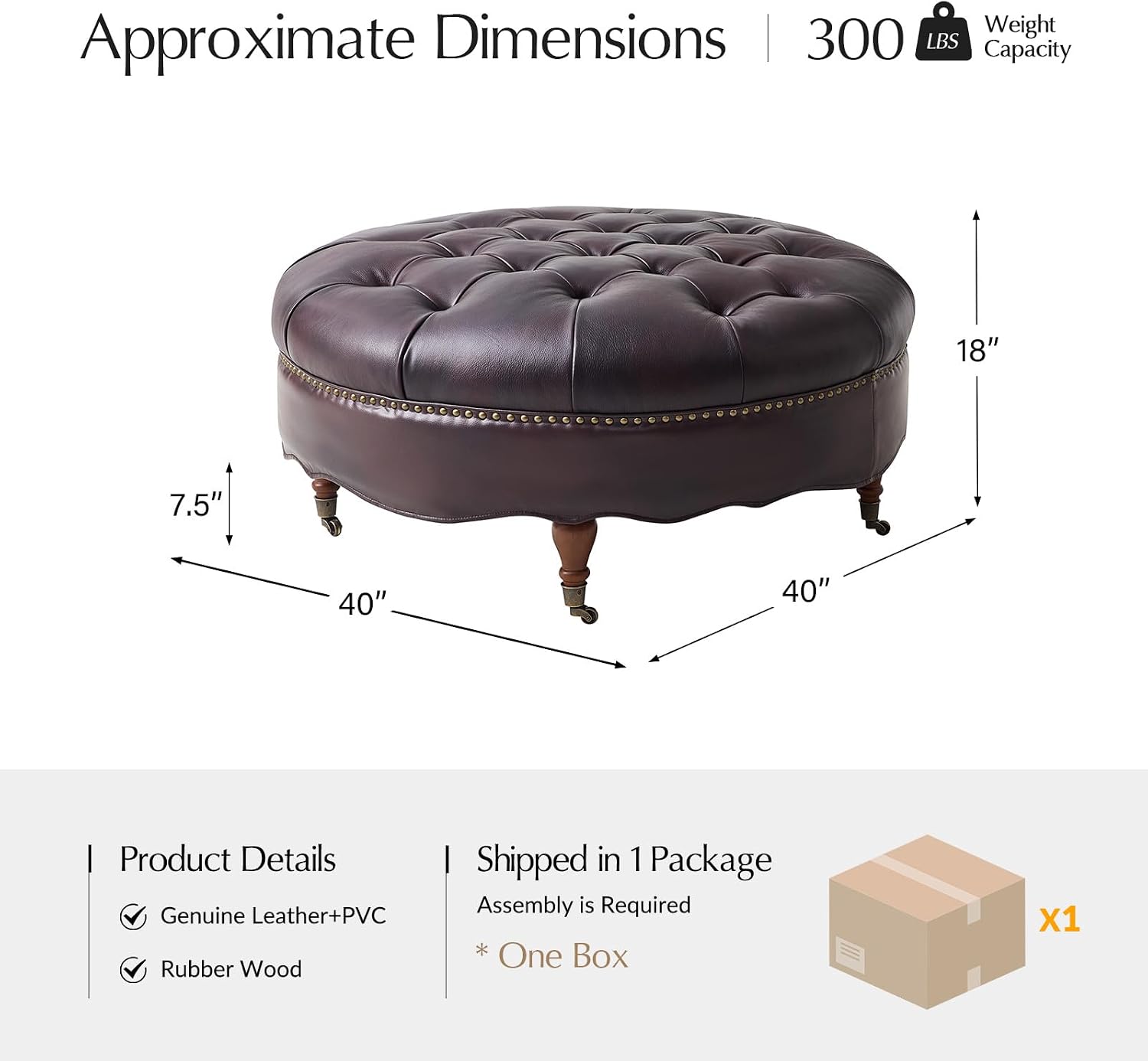 HULALA HOME 40' Genuine Leather Coffee Table, Large Round Button Tufted Coffee Table with Rolling Wheels, Solid Wood Legs, Nailhead Trim, Upholstered Ottoman Seating for Living Room, Espresso